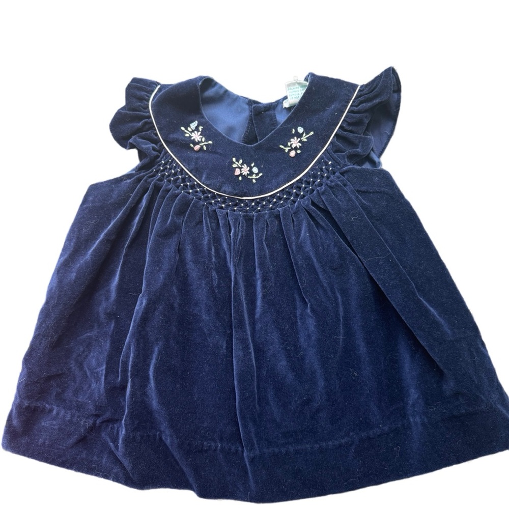 Vintage Navy Blue Velvet Baby Dress with Embroidery - 24 months